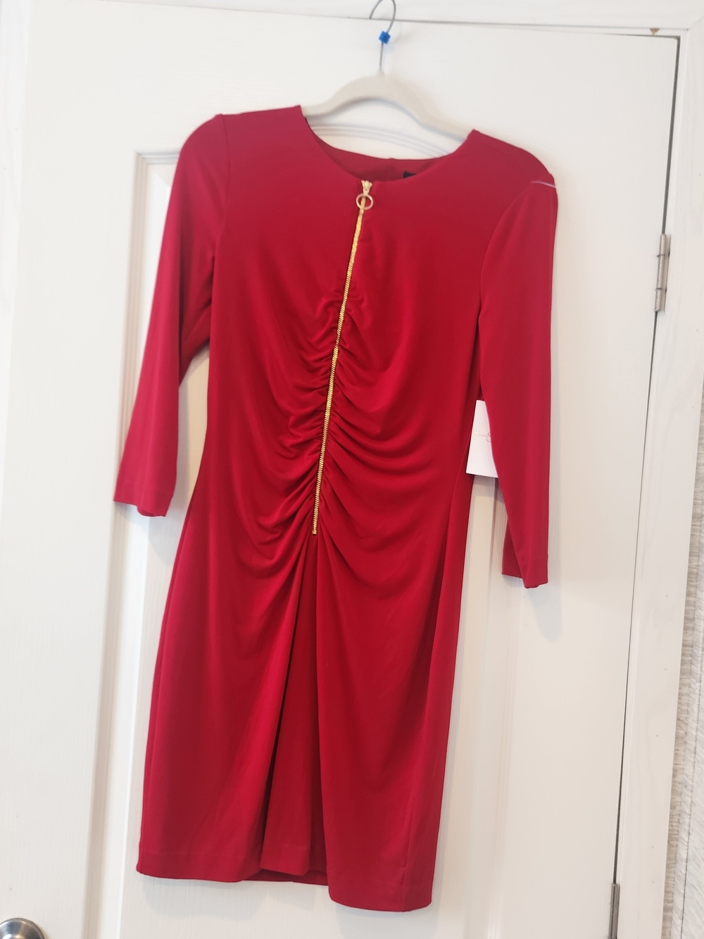 Jessica Simpson Red Ruched Midi Dress with Gold Trim 6 Euc